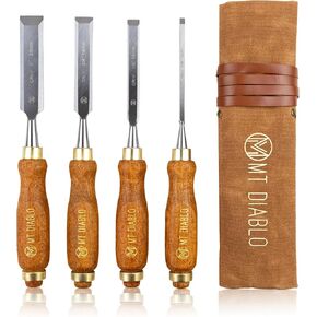 Mt Diablo Woodworking Tools 4 Piece Chisel Set - Premium CV60 Steel Wood Chisel Sets with Ergonomic Handles, Includes 1/4" 1/2" 3/4" 1" Widths - Ideal for Woodworkers - Durable Waxed Canvas Tool Roll