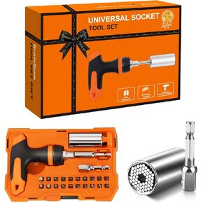 Universal Socket Tool Set, Stocking Stuffers for Men Gifts for Men,Ratcheting Screwdriver T-Handle kit with Power Drill Adapter, Christmas Tool Gifts for Husband,Him, Women, Boyfriend,Dad,Handyman