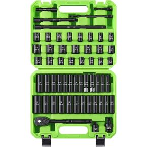 56-Piece 3/8" Drive Socket Set, SAE (5/16"-3/4") & Metric (8mm-22mm), Deep & Shallow, Ratchet Handle, Extension Bars, Adapter, Universal Joint, Power Drill Adapters, Spark Plug Sockets, CR-V