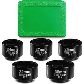 Steel Vision 5-Piece 3/8" Drive Low Profile Oil Filter Socket Set, Metric 24mm, 27mm, 29mm, 32mm, 36mm, Chrome Vanadium Steel, 6-Point Design, Laser-Etched Markings, Includes Storage Case