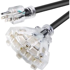 3 FT 12/3 Extension Cord Heavy Duty Black 3-Outlet Indoor/Outdoor SJTW Lighted 12-Gauge Grounded Power Cable ,12AWG 15 Amp, 1875 Watts，UL Listed，Safety