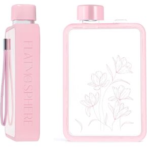 FLATMOSPHERE - 13OZ Flat Water Bottle - BPA free - Leak proof – Elegant slim portable Unique Flowers Design Fits in any handbag Notebook water bottle for sports GYM outdoor travel camping (PINK)