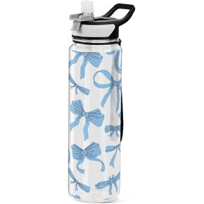 Water Bottle with Straw Cartoon Bows Sports Bottles Blue Ribbon BPA-Free Tritan Water Jug with Carrying Strap for Women Men Gym