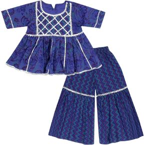 Baby Girls Cotton Sanganeri Printed Frock Style Kurti with Printed Sharara Dress