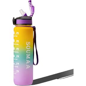 32 oz Motivational Water Bottle with Time Marker, Tritan BPA-Free Reusable Bottle, Spill-Proof with Straw Lid & Carrying Loop, Leakproof Plastic Water Bottle for Office, Gym, Workouts