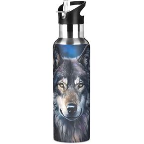 20OZ Stainless Steel Vacuum Portable Insulation Cup, Leak-Proof Outdoor Sports Bottle Coffee Travel Mug with Straw, Office,School Water Bottle-Cool Wolf Animal