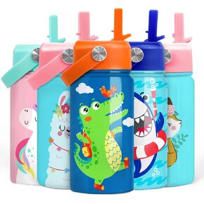 SANDJEST Crocodile Water Bottle - Kids Water Bottle with Straw Lid - 12 Oz Insulated Stainless Steel Water Bottles for Toddlers Kid Boys - Travel Cup for School Sports