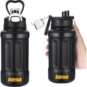 Water Bottle Insulated Stainless Steel Water Bottle 27 Oz with Straw, Reusable Thermos Metal Water Bottle Keep Drinks Hot & Cold for Hiking & Biking, Black