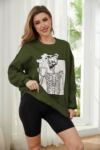 ميلاديان هالوين جمجمة الرسوم البيانية طباعة فريد من النوع الثقيل من النوع الثقيل كروش الطول طويل الأكمام إسقاط الكتف in Kuwait