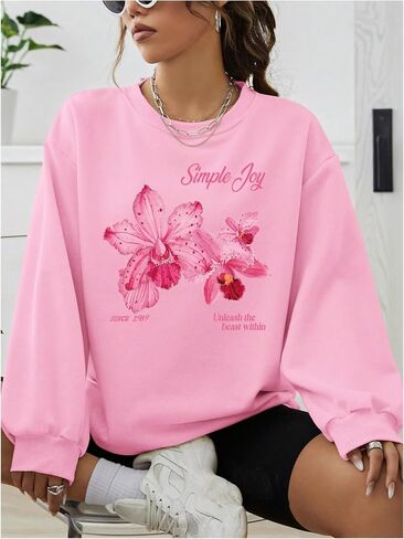 Milumia Women's Flower Print Long Sleeve Crewneck Sweatshirts Oversized Pullovers in Saudi Arabia