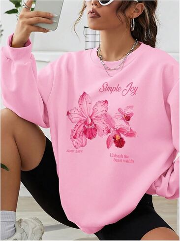 Milumia Women's Flower Print Long Sleeve Crewneck Sweatshirts Oversized Pullovers in Saudi Arabia