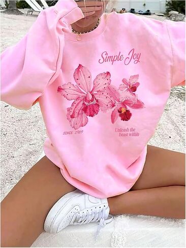 Milumia Women's Flower Print Long Sleeve Crewneck Sweatshirts Oversized Pullovers in Saudi Arabia