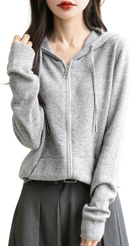 Women's 100% Merino Wool Zip Up Hoodies 2024 Fall Winter Warm Long Sleeve Knit Sweatshirt Cardigan with Pocket in Saudi Arabia