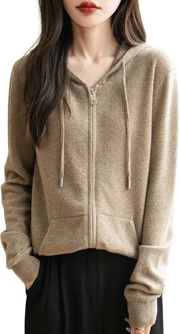 Women's 100% Merino Wool Zip Up Hoodies 2024 Fall Winter Warm Long Sleeve Knit Sweatshirt Cardigan with Pocket in Saudi Arabia