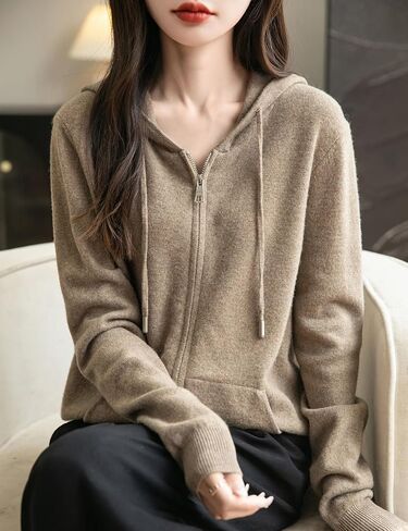 Women's 100% Merino Wool Zip Up Hoodies 2024 Fall Winter Warm Long Sleeve Knit Sweatshirt Cardigan with Pocket in Saudi Arabia
