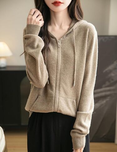 Women's 100% Merino Wool Zip Up Hoodies 2024 Fall Winter Warm Long Sleeve Knit Sweatshirt Cardigan with Pocket in Saudi Arabia