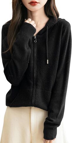 Women's 100% Merino Wool Zip Up Hoodies 2024 Fall Winter Warm Long Sleeve Knit Sweatshirt Cardigan with Pocket in Saudi Arabia