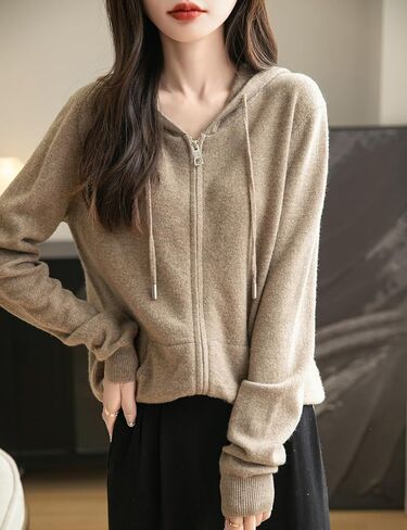 Women's 100% Merino Wool Zip Up Hoodies 2024 Fall Winter Warm Long Sleeve Knit Sweatshirt Cardigan with Pocket in Saudi Arabia