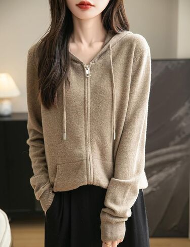 Women's 100% Merino Wool Zip Up Hoodies 2024 Fall Winter Warm Long Sleeve Knit Sweatshirt Cardigan with Pocket in Saudi Arabia