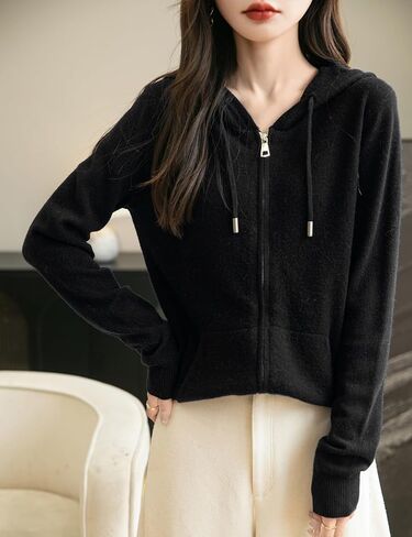 Women's 100% Merino Wool Zip Up Hoodies 2024 Fall Winter Warm Long Sleeve Knit Sweatshirt Cardigan with Pocket in Saudi Arabia
