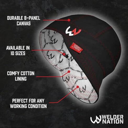 Welder Nation 8 Panel Soft, 8 oz Light Weight Cotton Welding Cap, Durable for Safety and Protection While Welding. Stick ARC. The Hostile Black Red, 7 1/4 in Kuwait