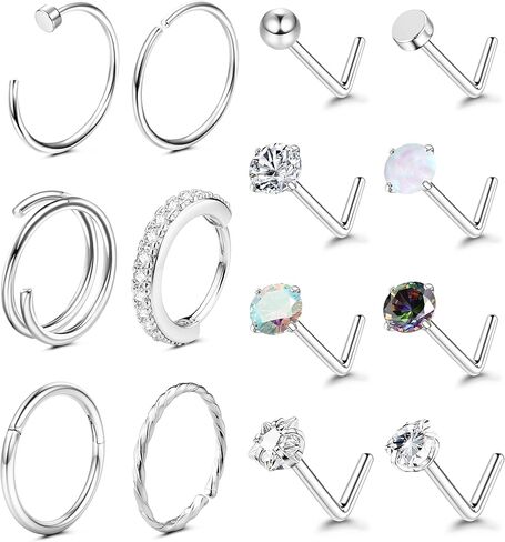 LOLIAS Hypoallergenic 14K Gold Filled Nose Rings Studs 20G 316L Surgical Steel Nose Ring Gold L Shaped Nose Studs Hoop Nose Rings Set for Women Men Simulated Diamond Nose Piercing Jewelry(14Pcs) in Kuwait