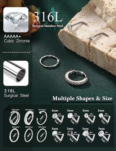 LOLIAS Hypoallergenic 14K Gold Filled Nose Rings Studs 20G 316L Surgical Steel Nose Ring Gold L Shaped Nose Studs Hoop Nose Rings Set for Women Men Simulated Diamond Nose Piercing Jewelry(14Pcs) in Kuwait