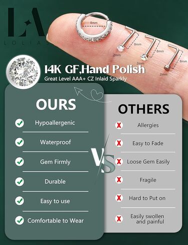 LOLIAS Hypoallergenic 14K Gold Filled Nose Rings Studs 20G 316L Surgical Steel Nose Ring Gold L Shaped Nose Studs Hoop Nose Rings Set for Women Men Simulated Diamond Nose Piercing Jewelry(14Pcs) in Kuwait