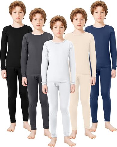 Silkfly 5 Set Boys Thermal Underwear Soft Fleece Lined Long Johns Kids Base Layer Top Bottom Warm Set for Winter Skiing in Saudi Arabia