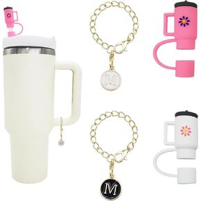 2pcs Straw Cover for Stanley Cup,Silicone Straw Covers Cap for Stanley Cup 40 oz,Straw Topper with 30 oz Tumbler,2pcs Initial Letter Charms Accessories for Stanley Tumblers and Water Bottles