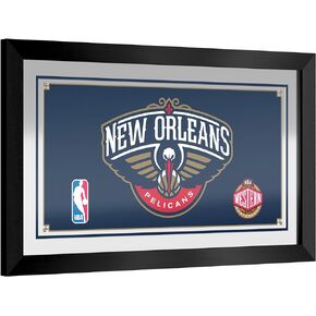 Trademark Global Wall Mirror - Ready-to-Hang New Orleans Pelicans Logo Black Framed Rectangle Mirror - for Pub, Game Room, Garage or Home Bar