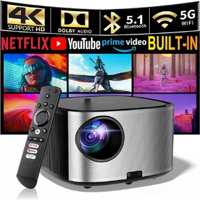جهاز عرض مير 4K مع واي فاي وبلوتوث، جهاز عرض ذكي مرخص رسميًا من Netflix/Prime، 1080 بكسل أصلي، تركيز تلقائي AI/جهاز عرض أفلام كيستون مع صوت دولبي، جهاز عرض خارجي منزلي 500 ANSI