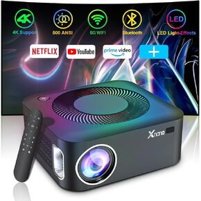 5G WiFi Bluetooth Native 1080p Projector 4K Support, XNANO 500 ANSI Home Theater Outdoor Portable Movie FHD Projector with 5W Speaker, Lighting Effect, Built-in Netflix Google Play and More Apps Black