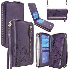 Lacass Wallet for Samsung Galaxy A15 5G, Crossbody Dual Zipper Detachable Magnetic Leather Wallet Case Cover Wristlets Wrist Strap 13 Card Slots Money Pocket (Black)