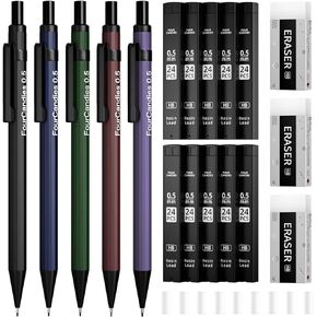 Four Candies Metal Mechanical Pencils 0.7mm, with #2 Pencil Leads 0.7, Eraser Set and Eraser Refills, 19-Count Pack with Case, Back to School Supplies for Writing, Drawing, Sketching