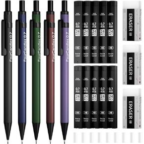 Four Candies Metal Mechanical Pencils 0.7mm, with #2 Pencil Leads 0.7, Eraser Set and Eraser Refills, 19-Count Pack with Case, Back to School Supplies for Writing, Drawing, Sketching