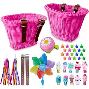 Kid's Bicycle Basket Streamers Set Adjustable Front Handlebar Bike Basket with Colorful Bike Streamers Bell,Bicycle Windmill, DIY Bike Decoration Accessories Kit for Girls