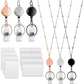 Retractable Badge Reel Lanyard with ID Holder, 3 Pcs Beaded Badge Lanyard with 6 Waterproof ID Badge Holder Stainless Steel Necklace Lanyards for Women(Black,Black,Black)