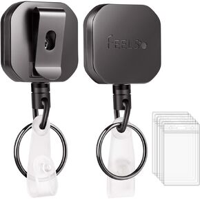 FEELSO Badge Holder Reel Retractable, Metal Heavy Duty Badge Holder with Belt Clip Key Ring and 6pcs Plastic ID Card Holders, Steel Wire Cord Up to 25 inch (2 Pack)