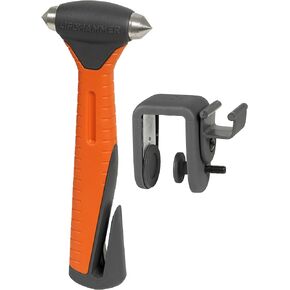 Lifehammer Brand Safety Hammer - Carbon Steel, Orange, Polypropylene Handle, Non-slip Grip, Quick Click System, 0.189 kg, Includes Seatbelt Cutter