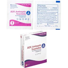 Dynarex BZK Antiseptic Towelettes, Moist Sanitizing Towelettes Designed to Prevent Infection in Minor Wounds, 5x7, Disposable & Individually Wrapped, 1 Box of 100 Dynarex BZK Antiseptic Towelettes
