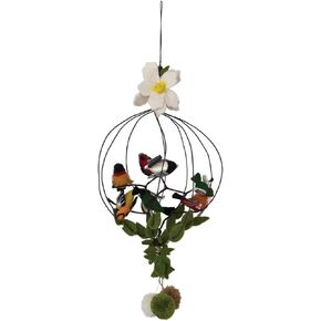 Creative Co-Op Wool Felt Cage Bird, Flower Poms Mobile, 6" L x 6" W x 16" H, Multicolor