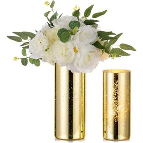 Hewory Glass Hurricane Candle Holder: 2 Pcs Gold Candle Holders for Table Centerpieces, Mercury Glass Candle Holder for Pillar Candles, Glass Cylinder Vases for Christmas Wedding Party Holiday Decor