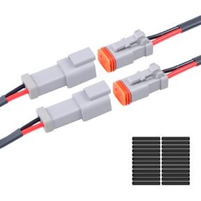 2Pack 2-Pin Waterproof DT Connector Male and Female Wire Connectors with 16AWG 105℃ 600V Wires and Heat Shrink Tubes, Applicable for Automotive Electrical Connections