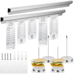 Henoyso 2 Pcs Aluminum Slide Check Rack Restaurant Ticket Holder and 4 Pcs Receipt Holder Silver Display Rail Spike Bill Orders Check Spindle for Kitchen Office Cafes Bar Note Organizer (24 Inch)