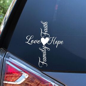 Sunset Graphics & Decals Faith Hope Love Family Cross with Heart Decal Vinyl Car Sticker | Cars Trucks Vans Walls Laptop | White | 6 Inch | SGD000096