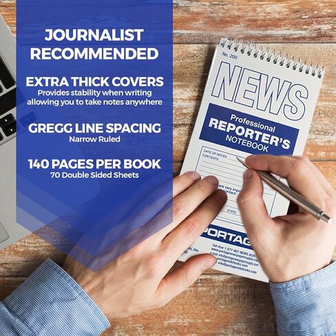 دفتر ملاحظات Portage Reporters - مفكرة جيب حلزونية علوية، دفتر ملاحظات ستينو، مثالي للمراسلين والصحفيين الذين يدونون الملاحظات في الميدان، مسطرة جريج - 4 × 8 بوصة، 70 ورقة، 12 حزمة in Kuwait