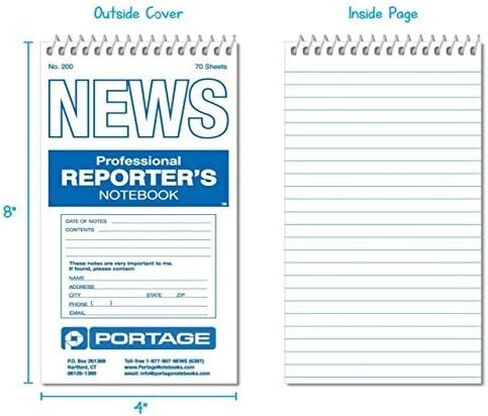 دفتر ملاحظات Portage Reporters - مفكرة جيب حلزونية علوية، دفتر ملاحظات ستينو، مثالي للمراسلين والصحفيين الذين يدونون الملاحظات في الميدان، مسطرة جريج - 4 × 8 بوصة، 70 ورقة، 12 حزمة in Kuwait