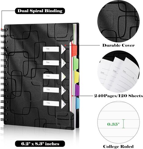 دفاتر ملاحظات جامعية - دفتر ملاحظات 5 موضوعات، دفاتر ملاحظات للمدرسة، 6.2 بوصة × 8.3 بوصة، دفاتر ملاحظات للعمل، دفتر ملاحظات حلزوني مع فواصل جيب، 120 ورقة in Saudi Arabia
