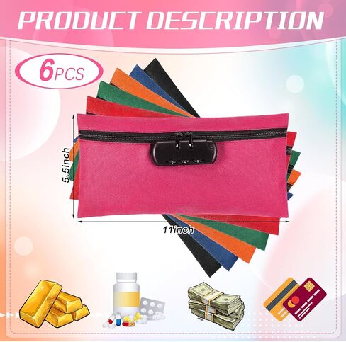 6 Pcs Money Bag with Lock 11 x 5.5 Inches Locking Accessories Pouch Lockable Bag Locking Storage Bag Cash Bag with Lock and Zipper Closure for Storing Coins Checks Documents (Black, Oxford Cloth) in Saudi Arabia